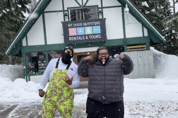 Getting ready for snowmobiling at Mt. Hood Outfitters